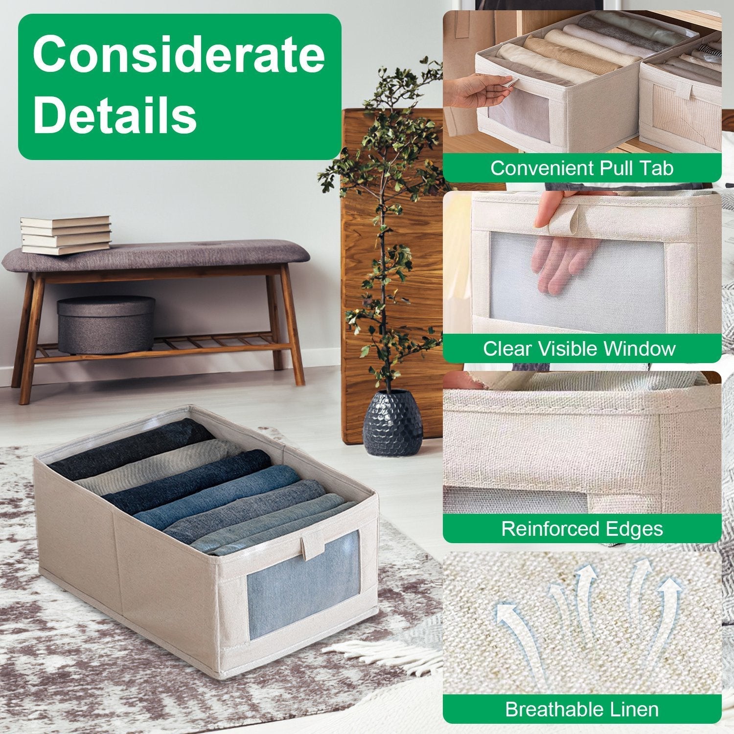 4Pcs Foldable Linen Storage Bins with Clear Window Handles