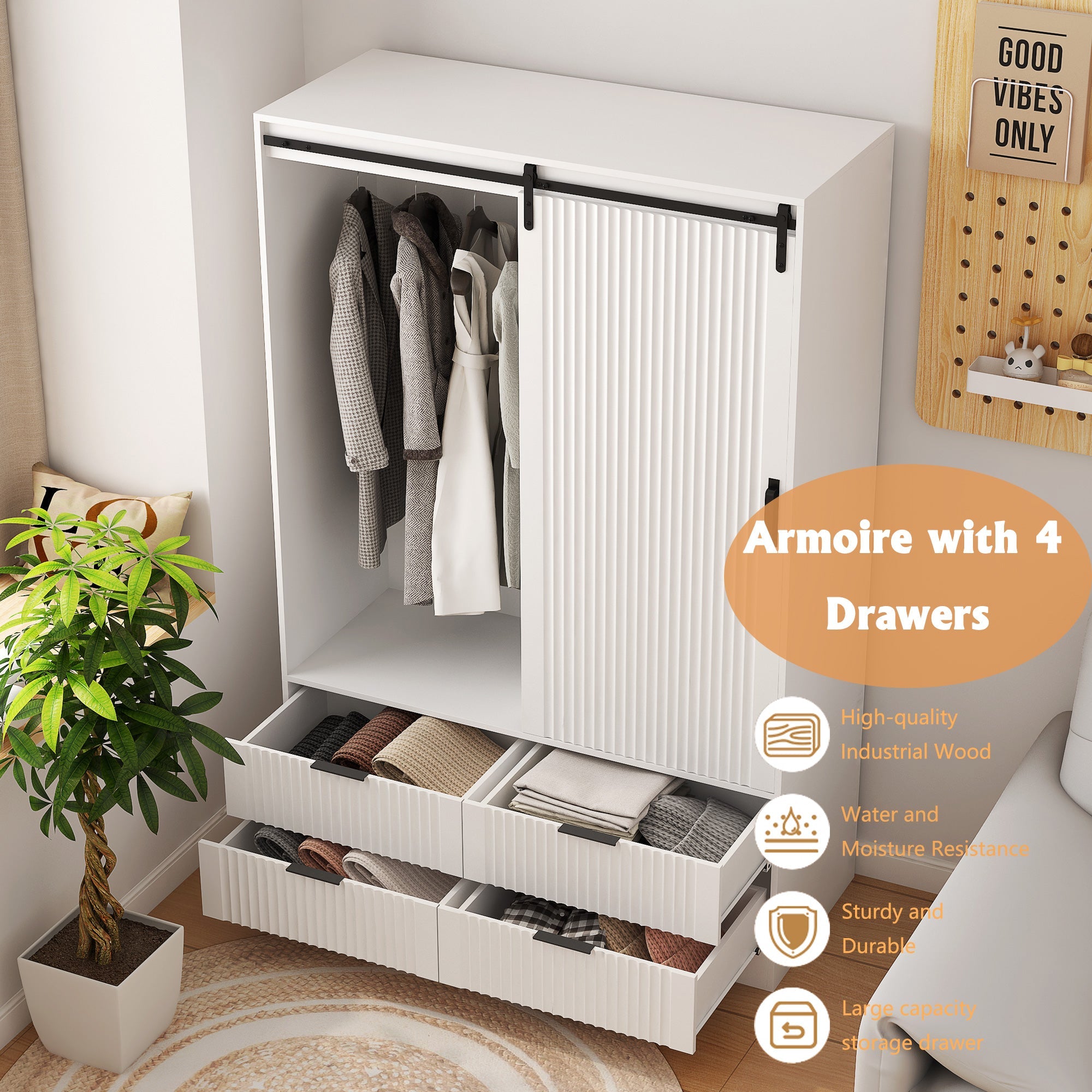 Tall White Armoire Wardrobe Closet with Storage Shelves Drawers