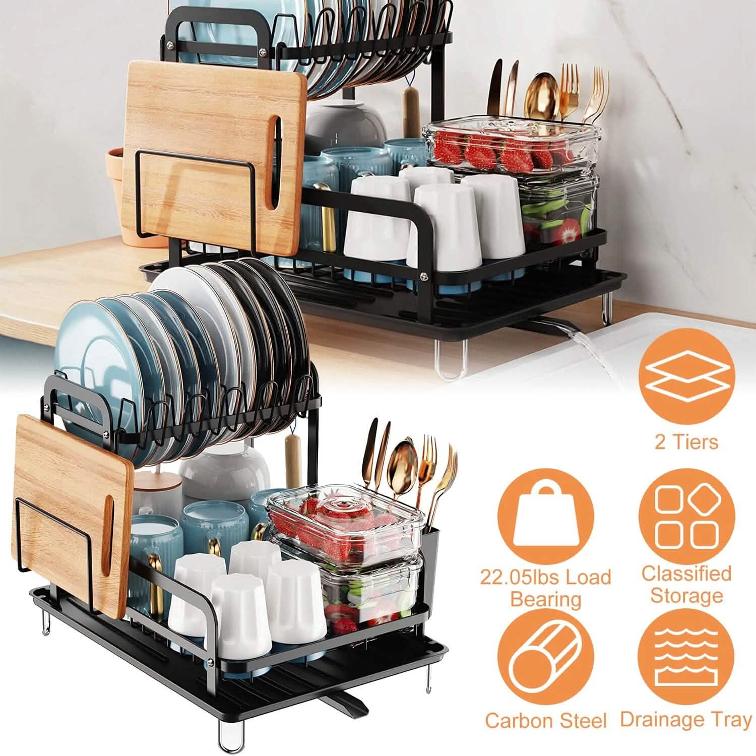 2-Tier Dish Drying Rack for Kitchen Counter Organization