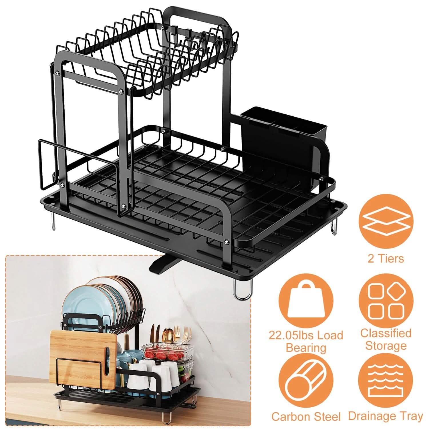 2-Tier Dish Drying Rack for Kitchen Counter Organization
