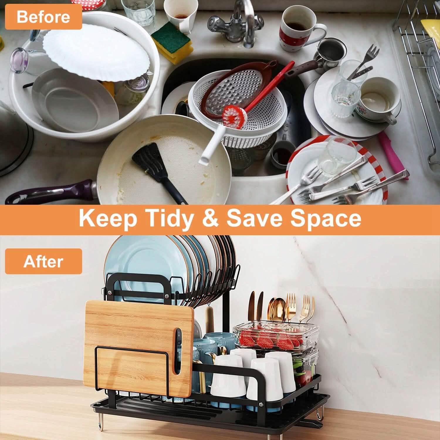 2-Tier Dish Drying Rack for Kitchen Counter Organization