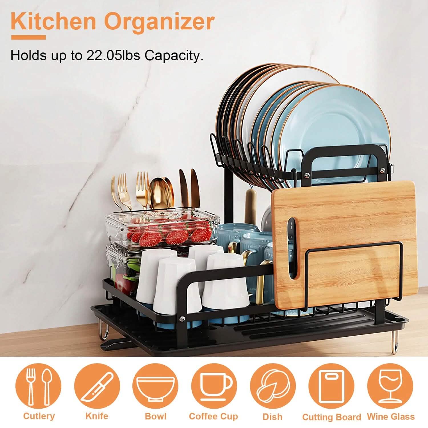 2-Tier Dish Drying Rack for Kitchen Counter Organization