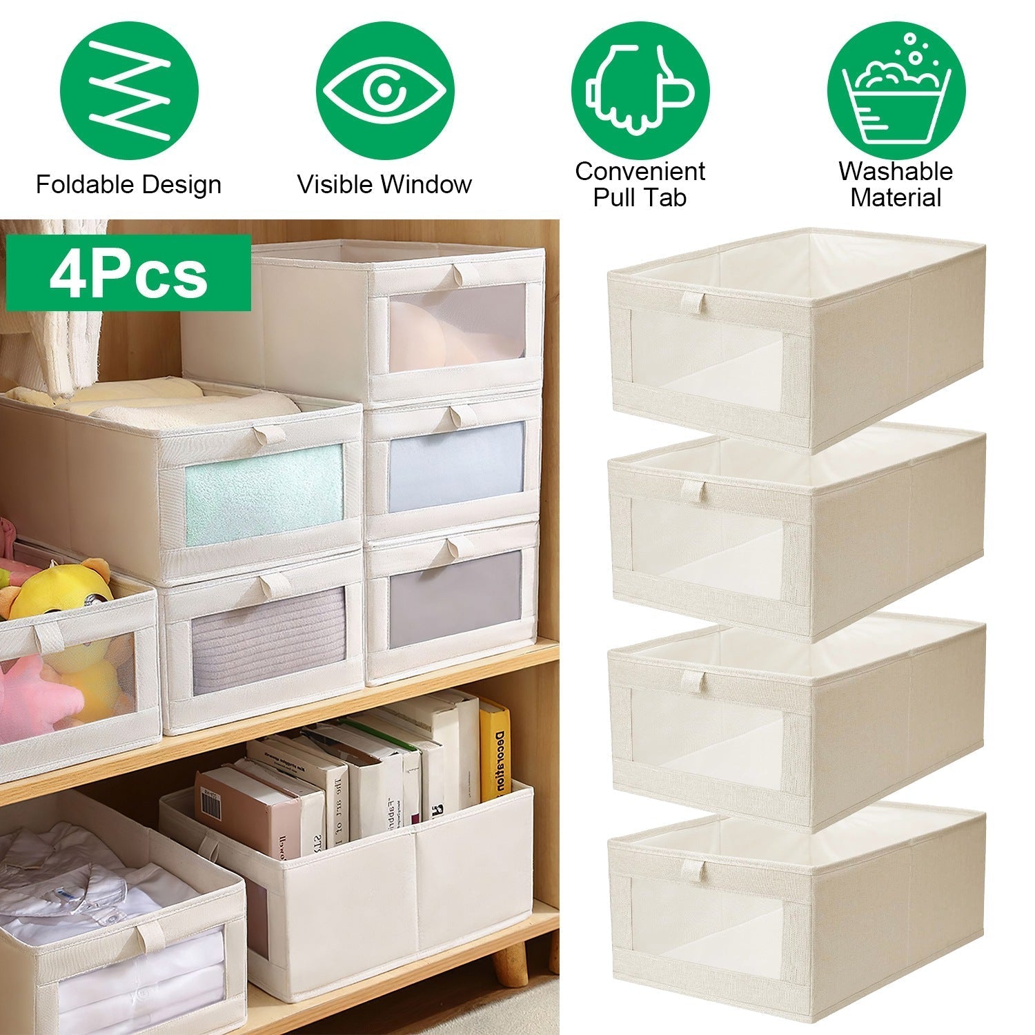 4Pcs Foldable Linen Storage Bins with Clear Window Handles