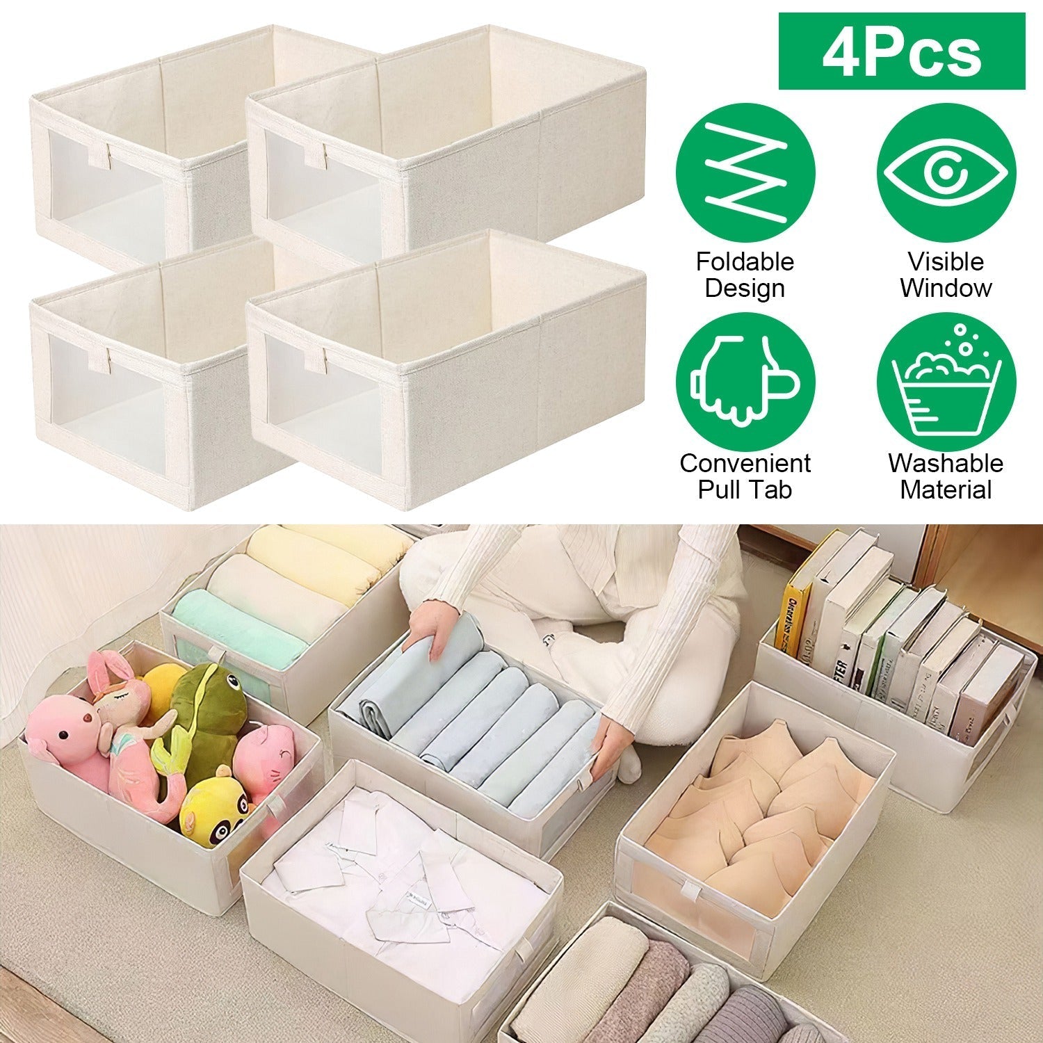4Pcs Foldable Linen Storage Bins with Clear Window Handles