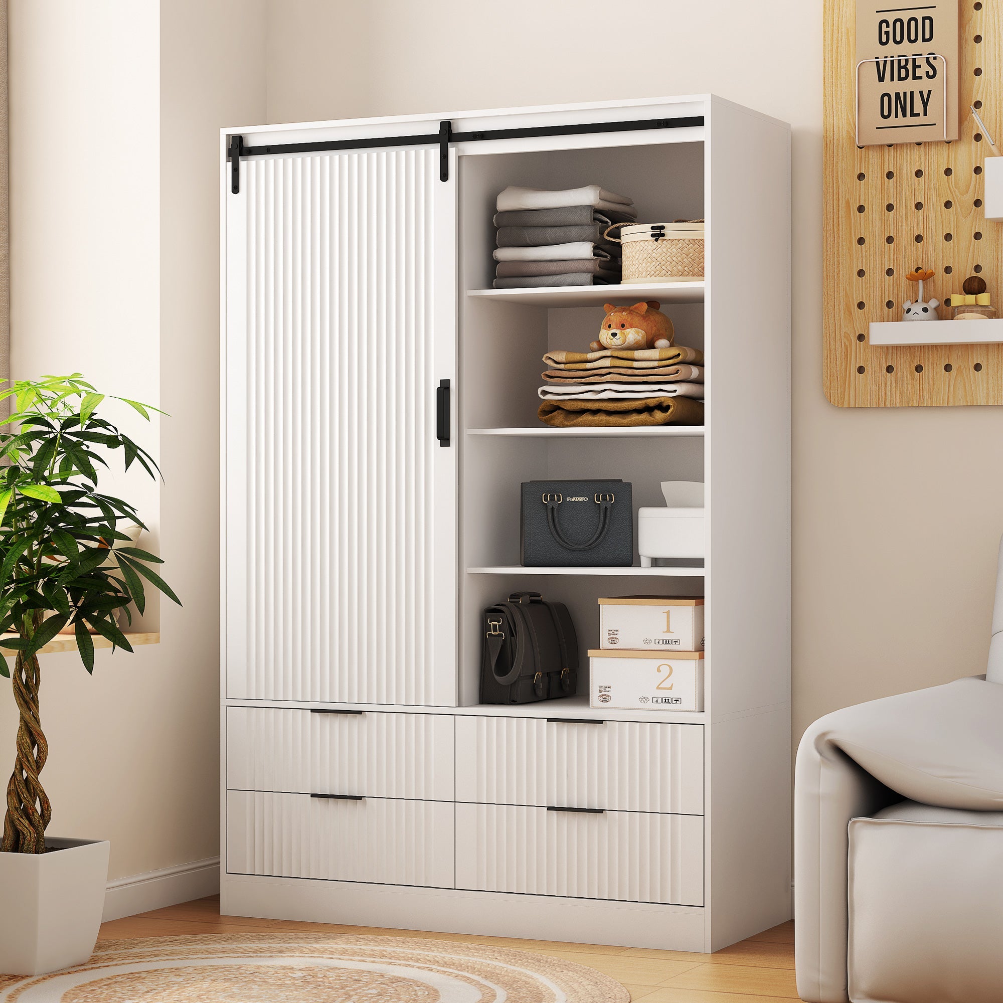 Tall White Armoire Wardrobe Closet with Storage Shelves Drawers