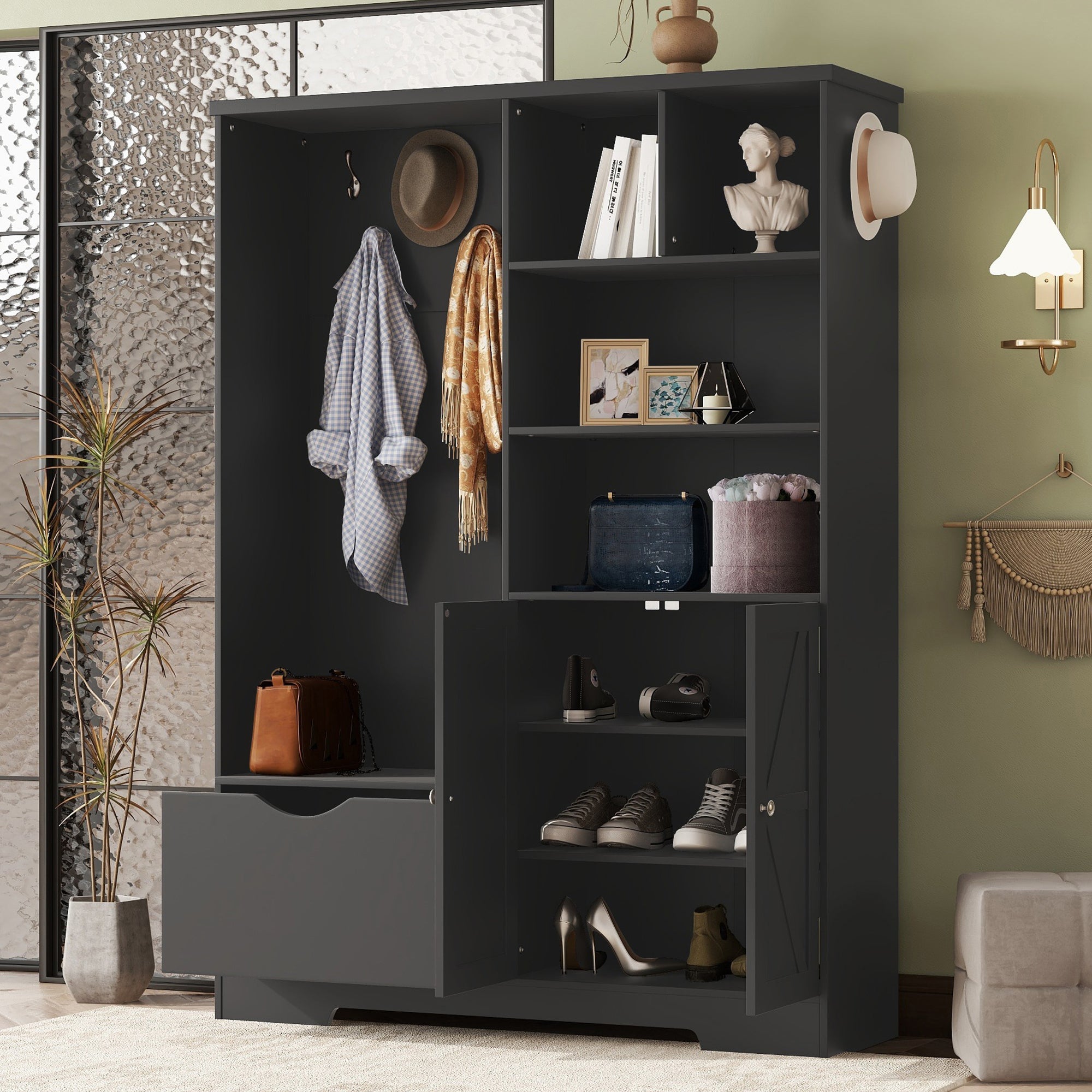 Modern Hall Tree Shoe Cabinet with Bench Storage