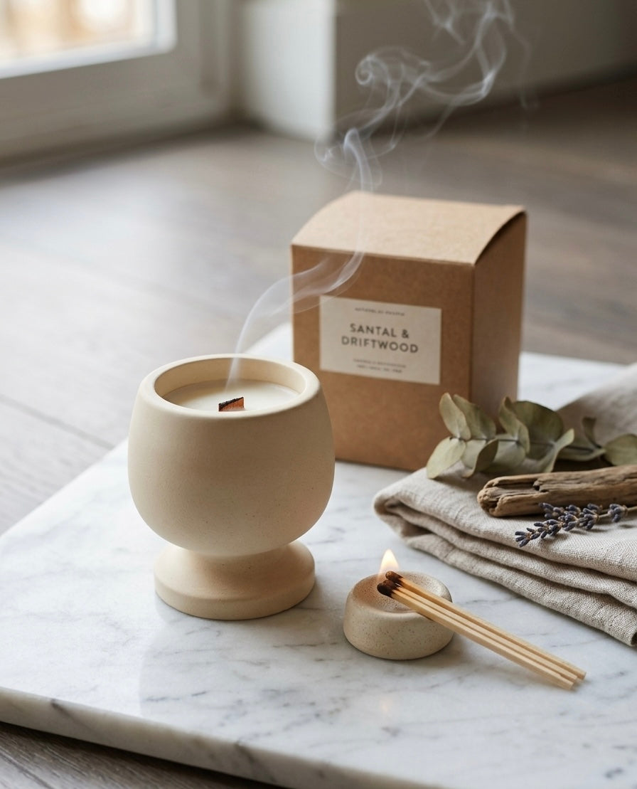 Jesmonite Pedestal Soy Candle with Crackling Wood Wick
