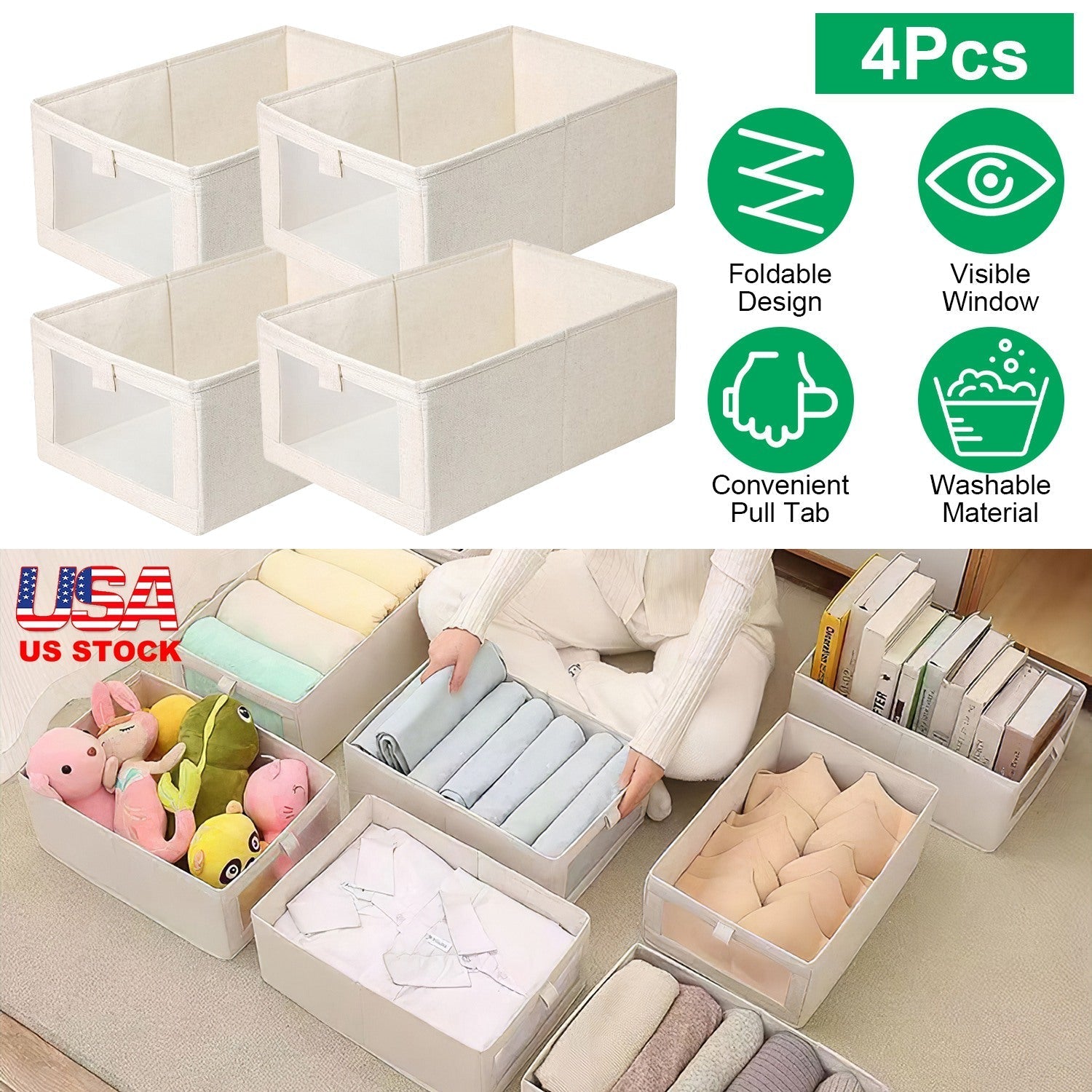 4Pcs Foldable Linen Storage Bins with Clear Window Handles