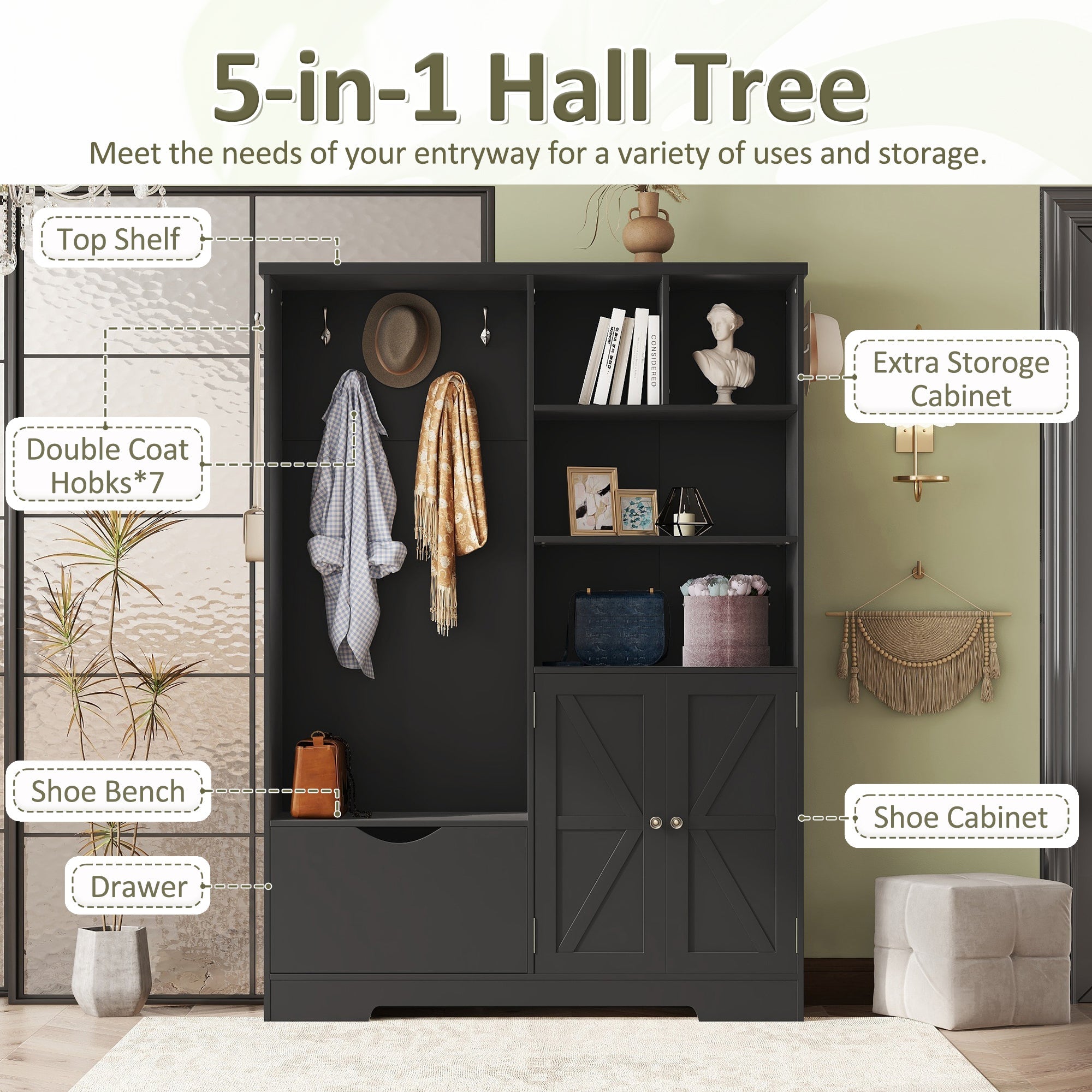 Modern Hall Tree Shoe Cabinet with Bench Storage