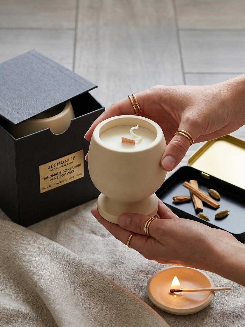 Jesmonite Pedestal Soy Candle with Crackling Wood Wick