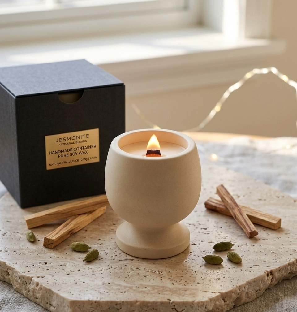 Jesmonite Pedestal Soy Candle with Crackling Wood Wick
