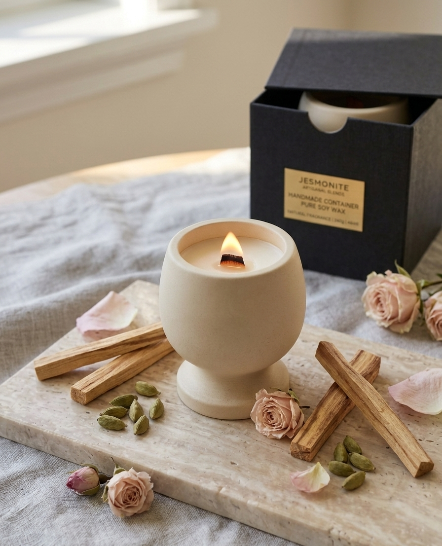 Jesmonite Pedestal Soy Candle with Crackling Wood Wick