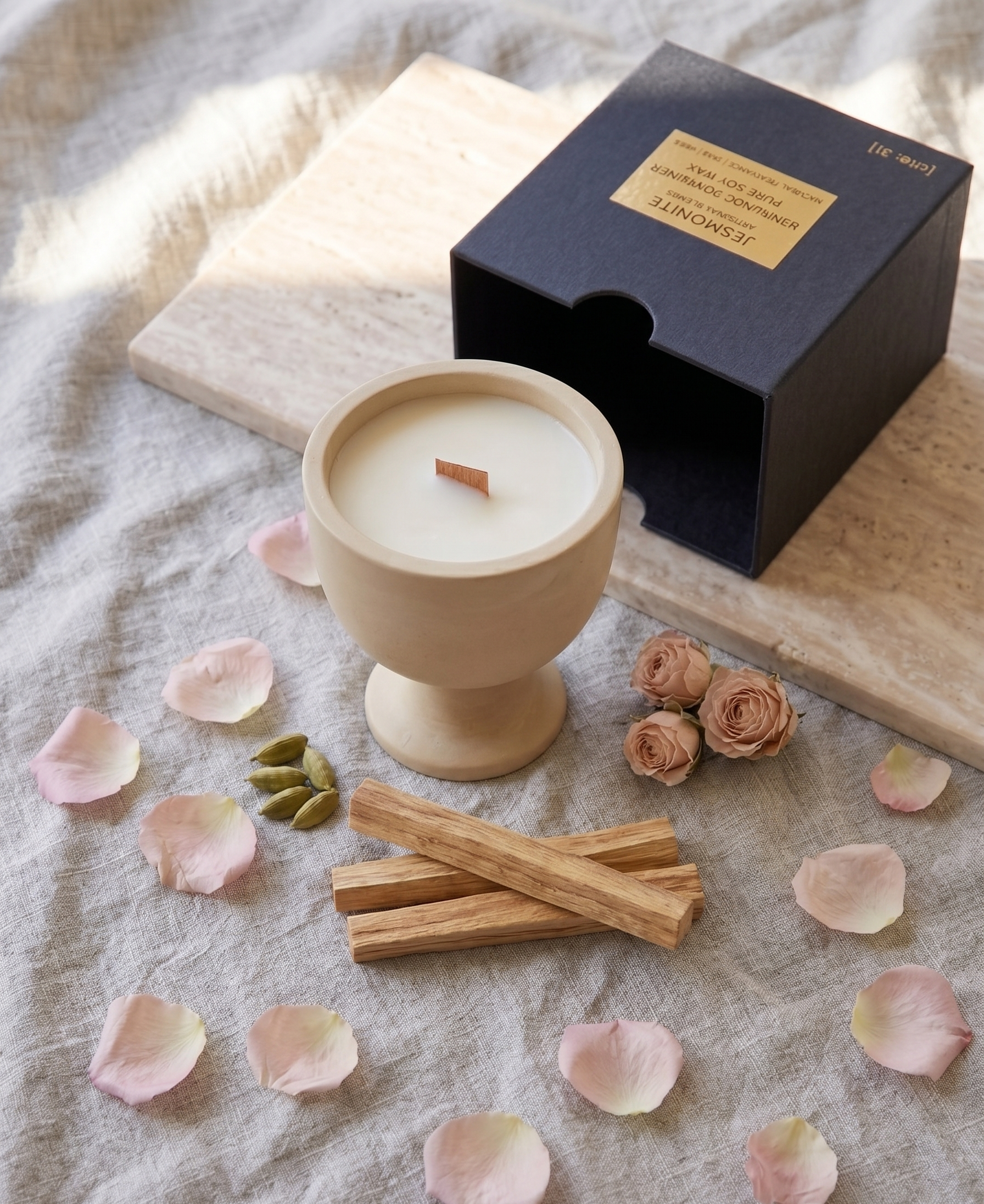 Jesmonite Pedestal Soy Candle with Crackling Wood Wick