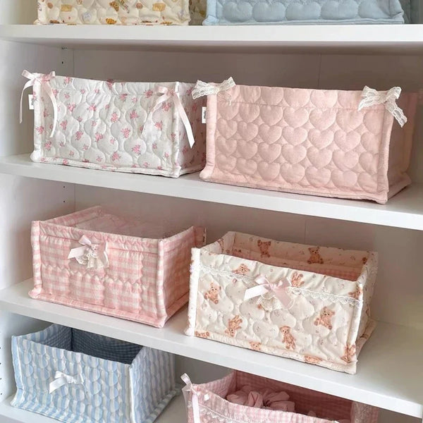 Cute Korean Quilted Square Storage Basket Desktop Organizer