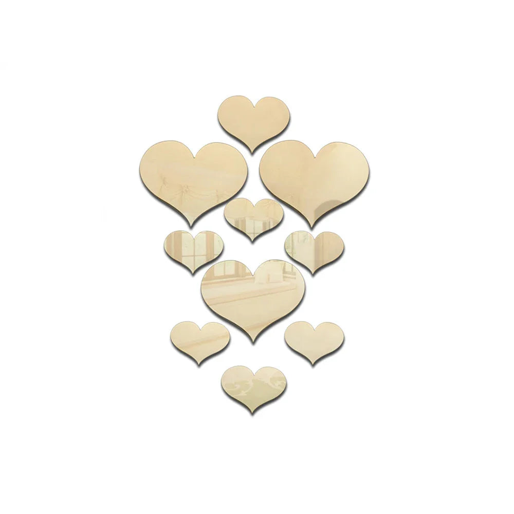 10Pcs Acrylic Heart Mirror Wall Stickers Home Decor Set
