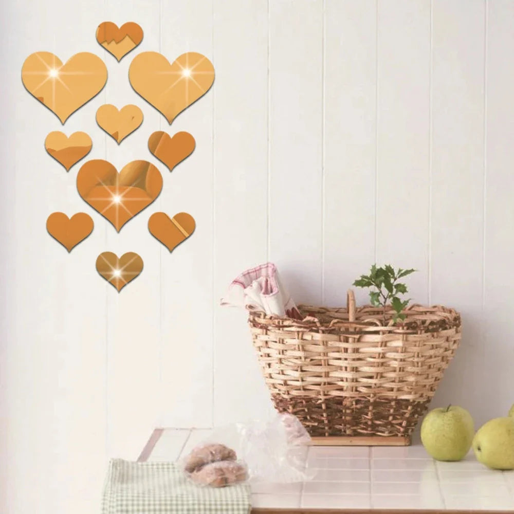 10Pcs Acrylic Heart Mirror Wall Stickers Home Decor Set