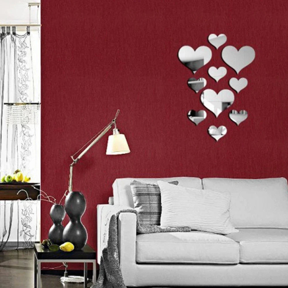 10Pcs Acrylic Heart Mirror Wall Stickers Home Decor Set