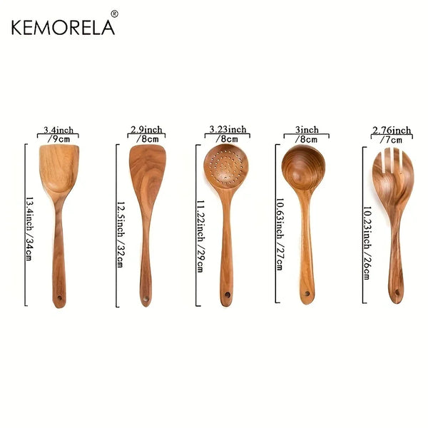 5PCS Thailand Teak Cooking Spoon Natural Wooden Kitchen Tableware Tool Ladle Turner Rice Colander Soup Skimmer Scoop Utensils