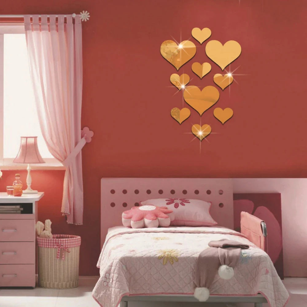 10Pcs Acrylic Heart Mirror Wall Stickers Home Decor Set