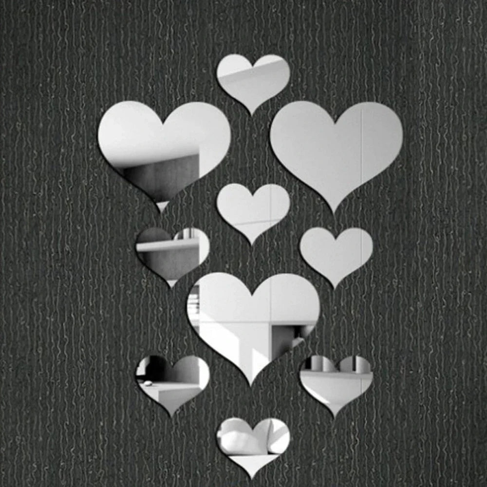 10Pcs Acrylic Heart Mirror Wall Stickers Home Decor Set