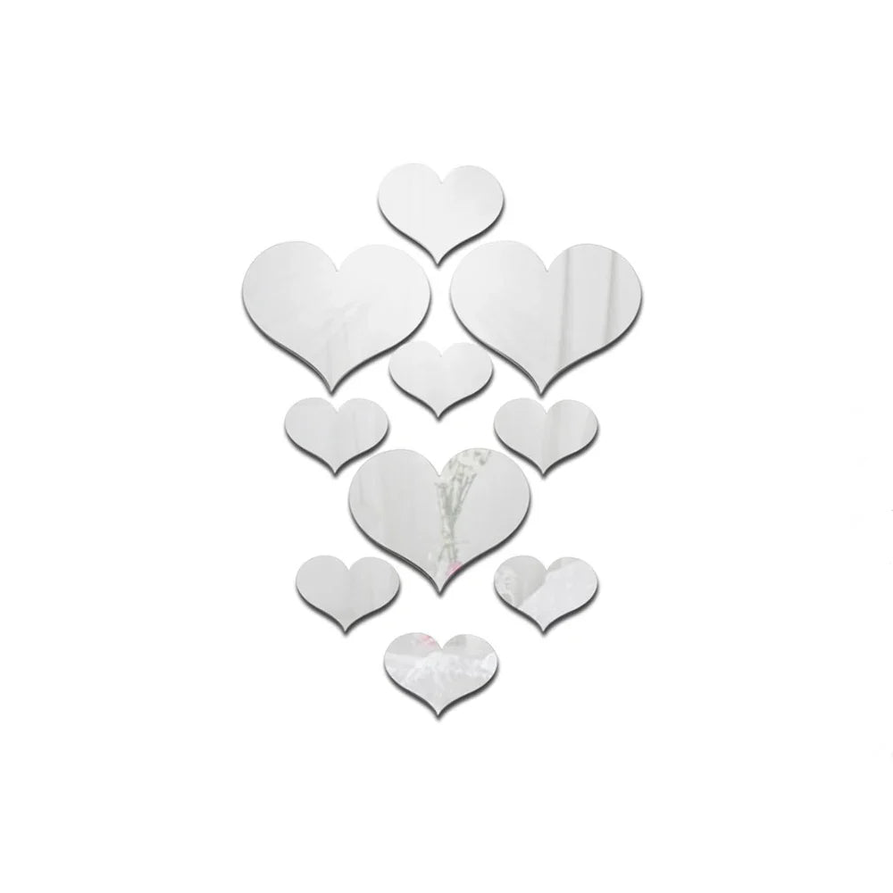 10Pcs Acrylic Heart Mirror Wall Stickers Home Decor Set