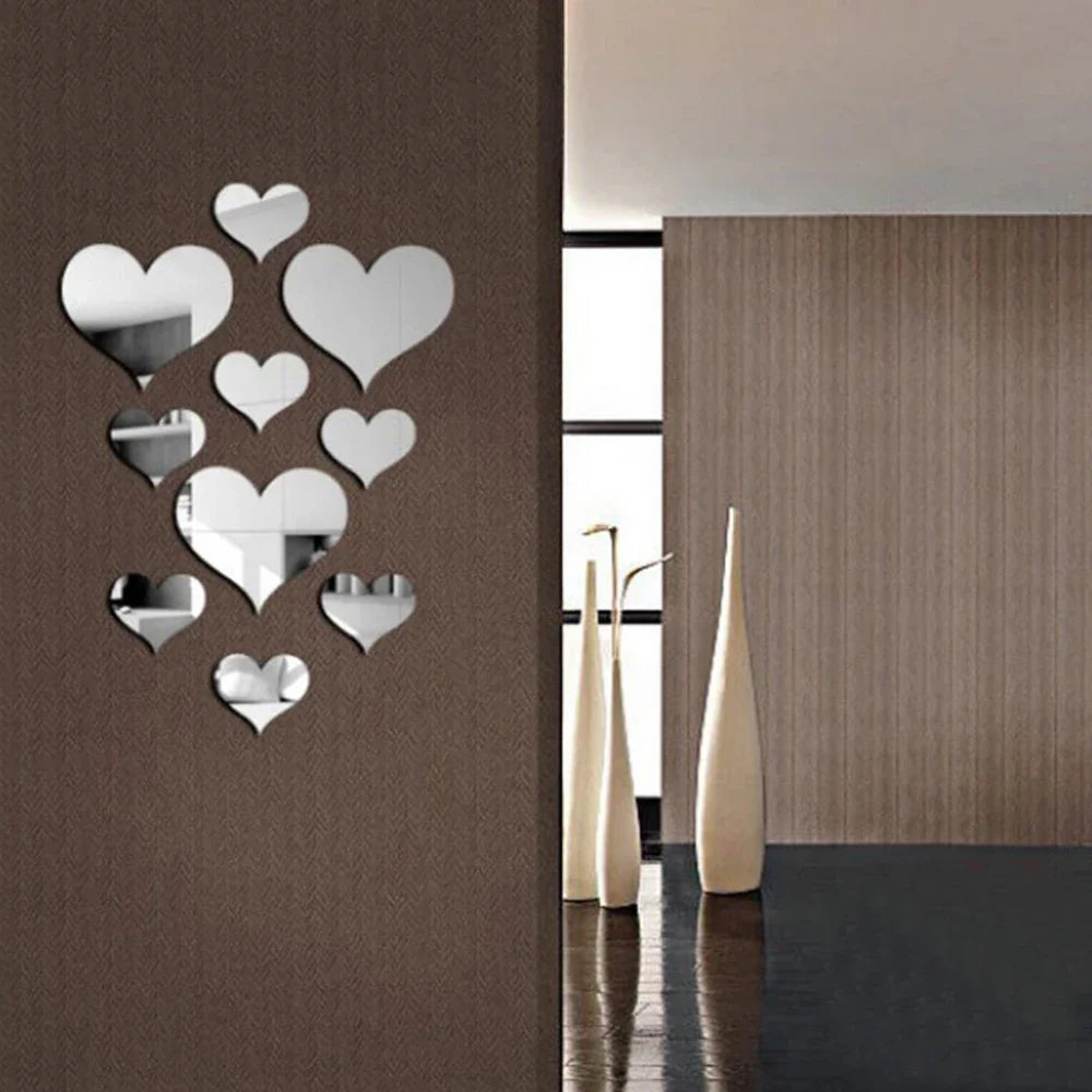 10Pcs Acrylic Heart Mirror Wall Stickers Home Decor Set