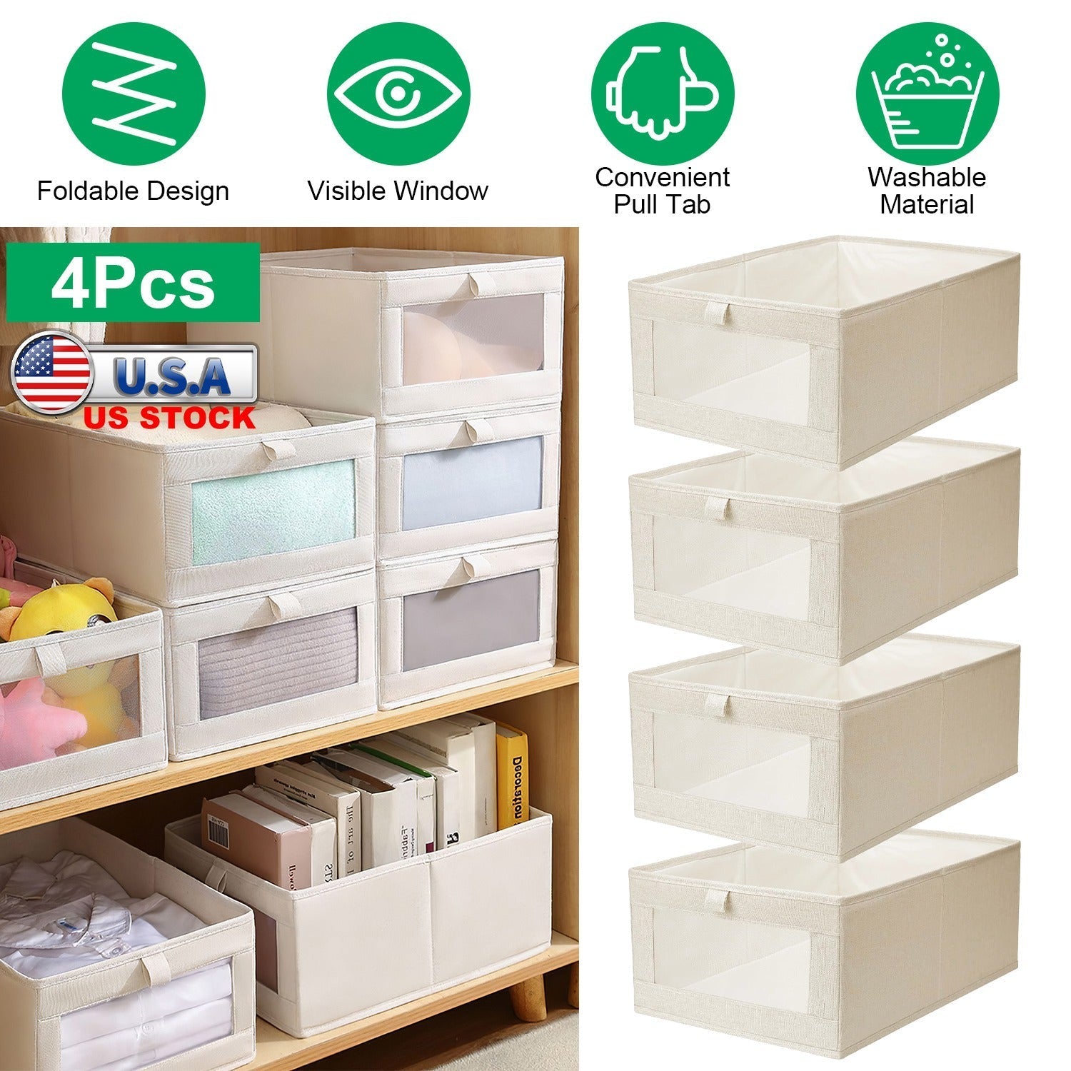 4Pcs Foldable Linen Storage Bins with Clear Window Handles