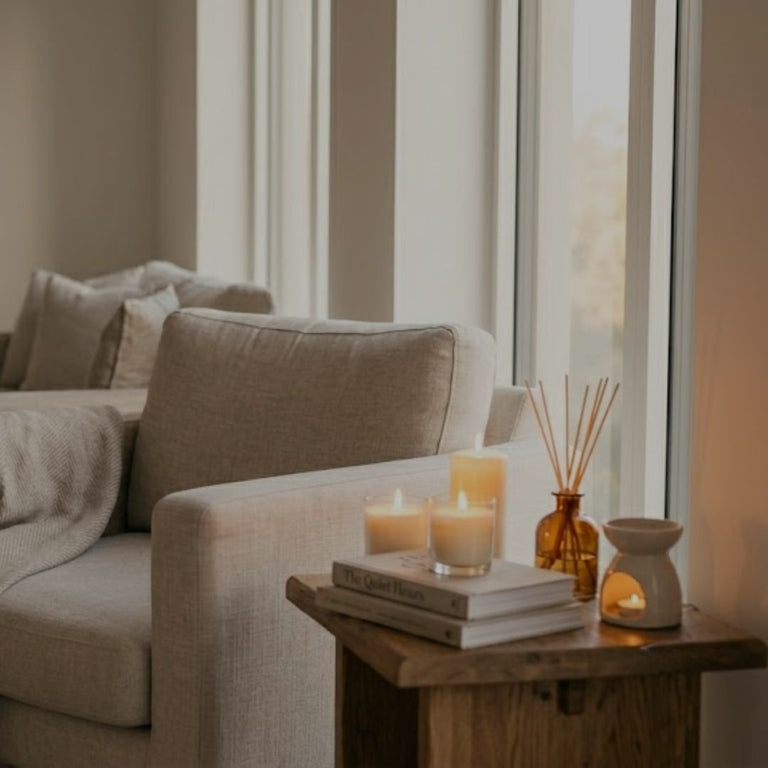 Cozy living room with a beige sofa, wooden side table, and candles.