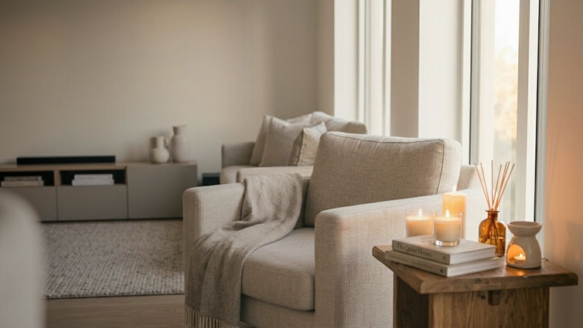Cozy living room with a beige sofa, wooden side table, and candles.