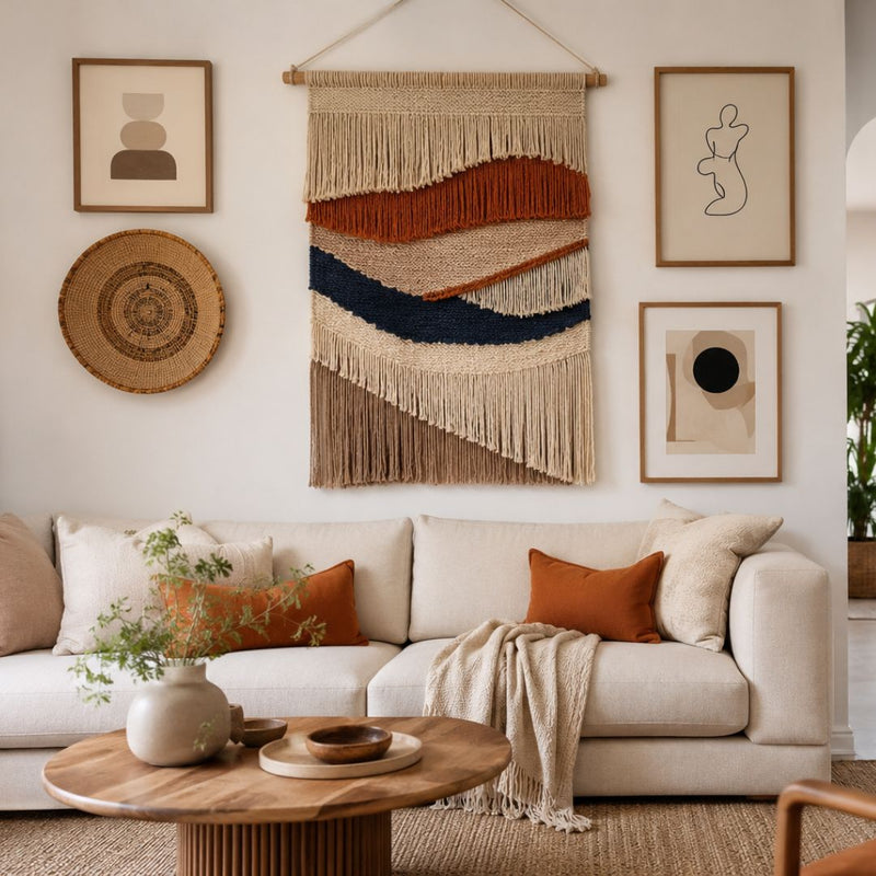 Living room with a beige sofa, wooden coffee table, and decorative wall art.