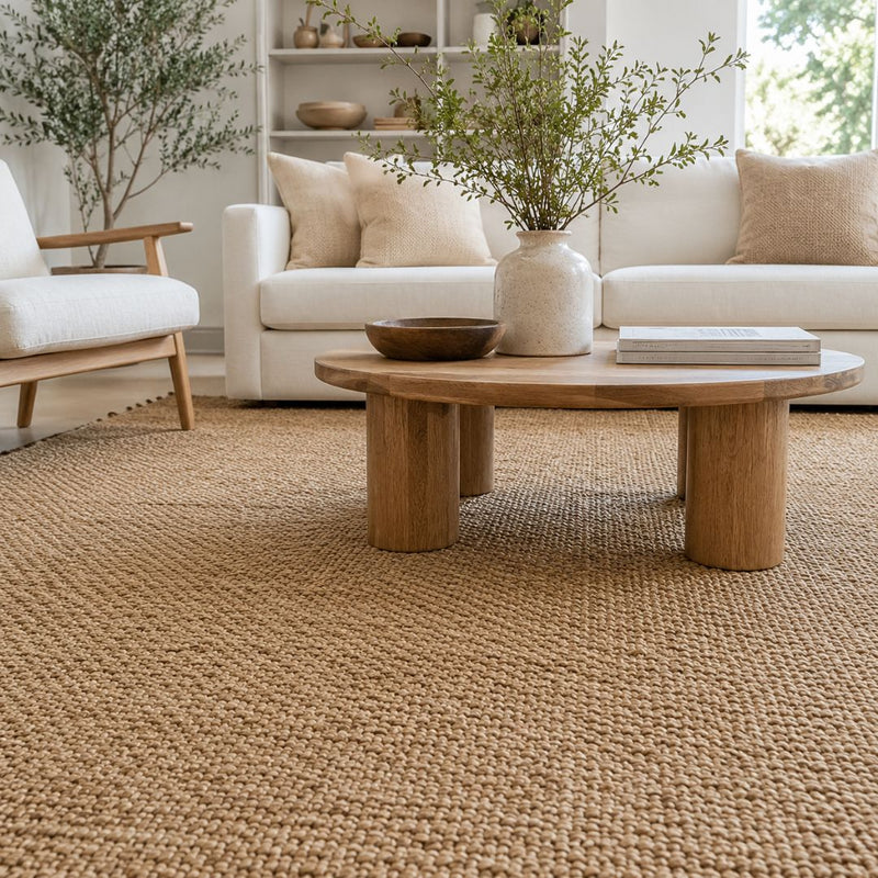 Living room with a wooden coffee table, white sofa, and armchair on a textured beige carpet.