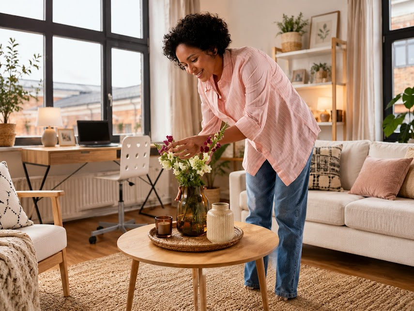 Woman arranging fresh flowers on a coffee table in a bright modern living room with natural decor