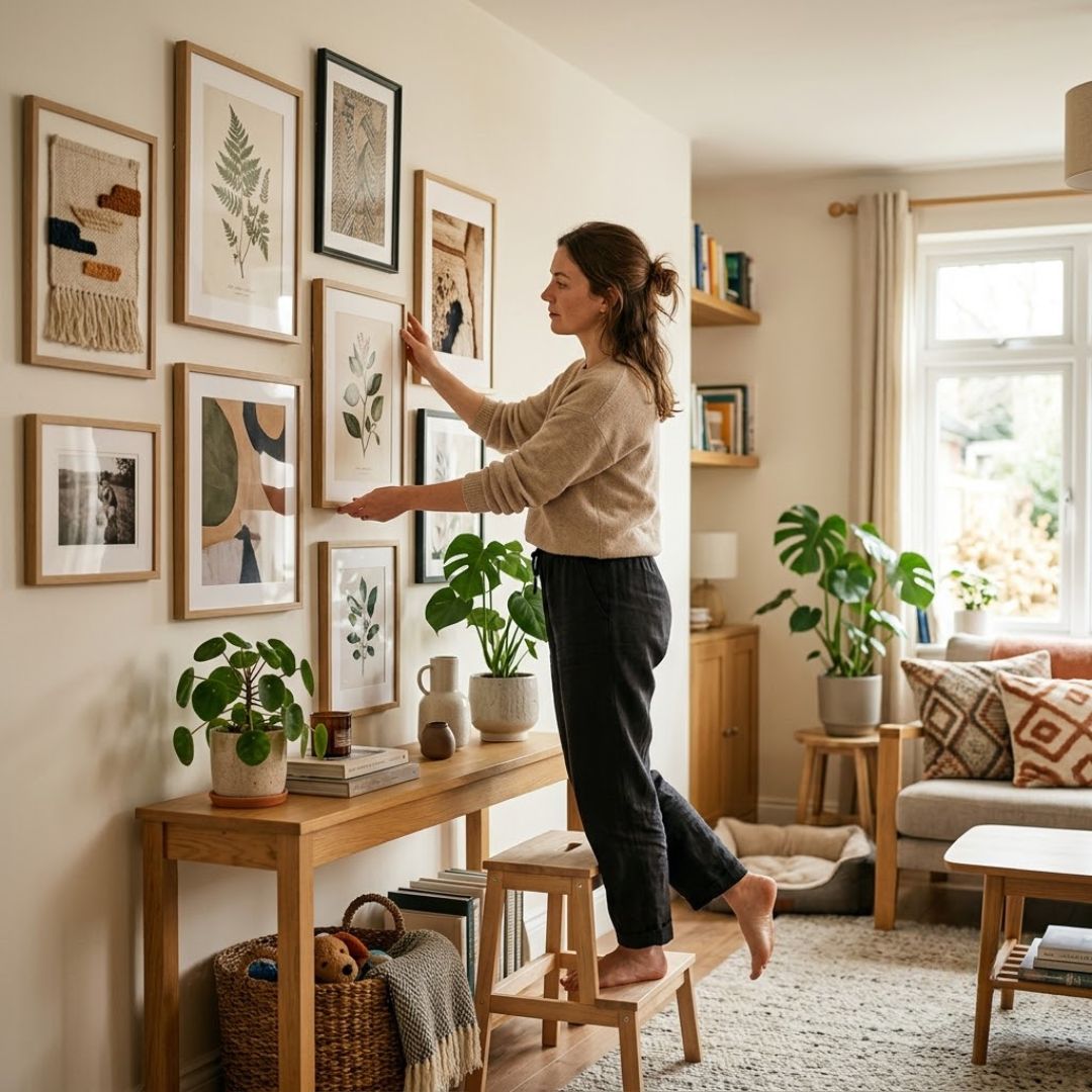 Woman arranging framed artwork on a gallery wall in a cozy living room with wooden furniture and indoor plants