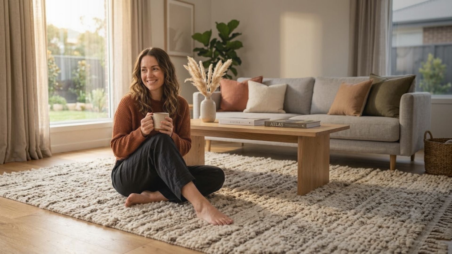 Woman sitting on a rug in a living room holding a mug.