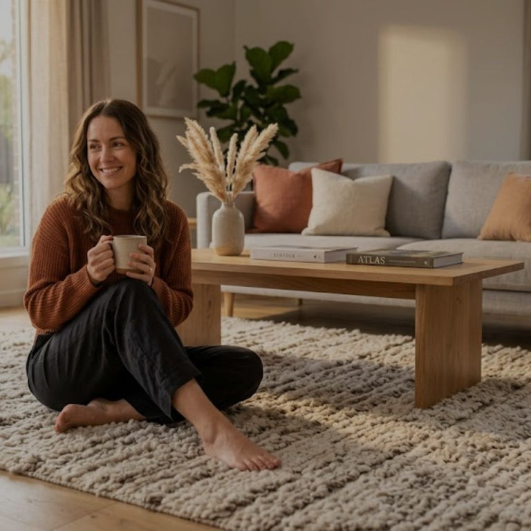 Woman sitting on a rug in a living room holding a mug.
